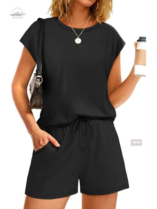 Other - Medium Polyester Blend Lounge Set with Pockets, Cap Sleeve Top & Shorts